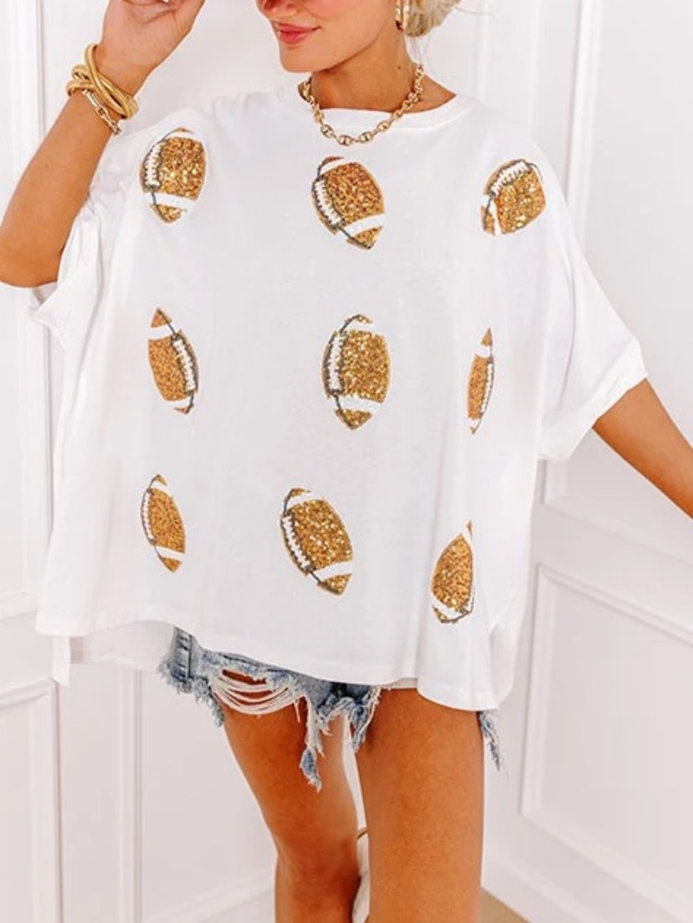 Fantastic Fawn White Sequin Cute Football Game NFL College Oversized Boxy Tee